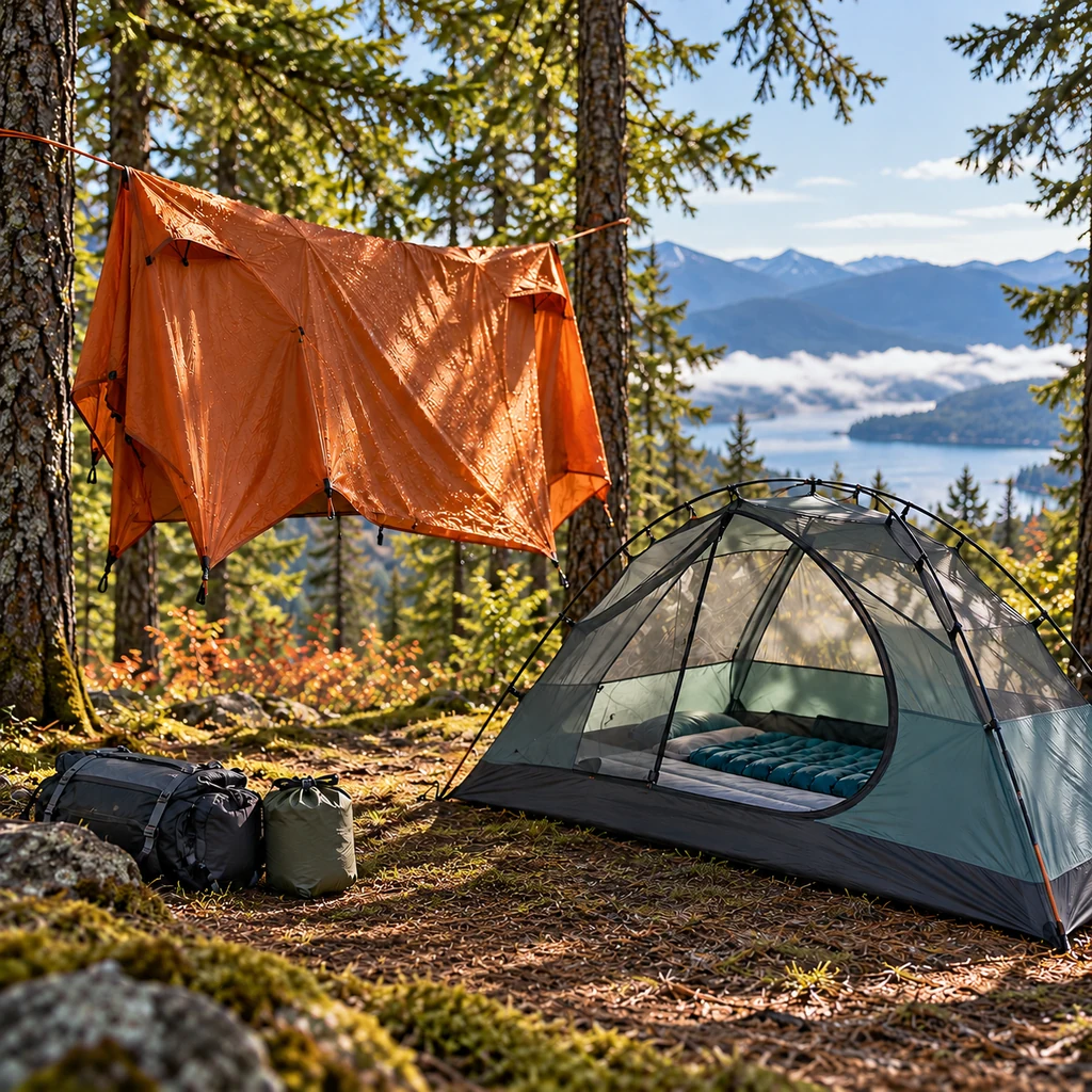 Orange rainfly hanging to air-dry beside the still-pitched teal inner tent at a forest campsite