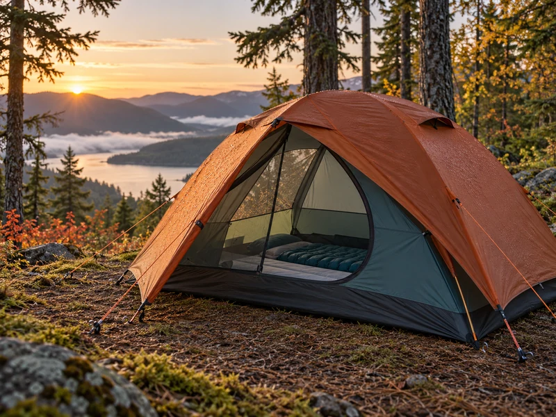 Double-wall orange and teal tent on a dry raised forest campsite at dawn
