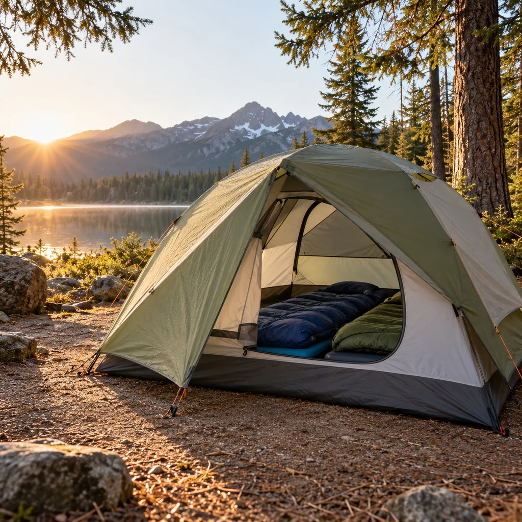 Dome tent with rainfly pitched on a durable campsite