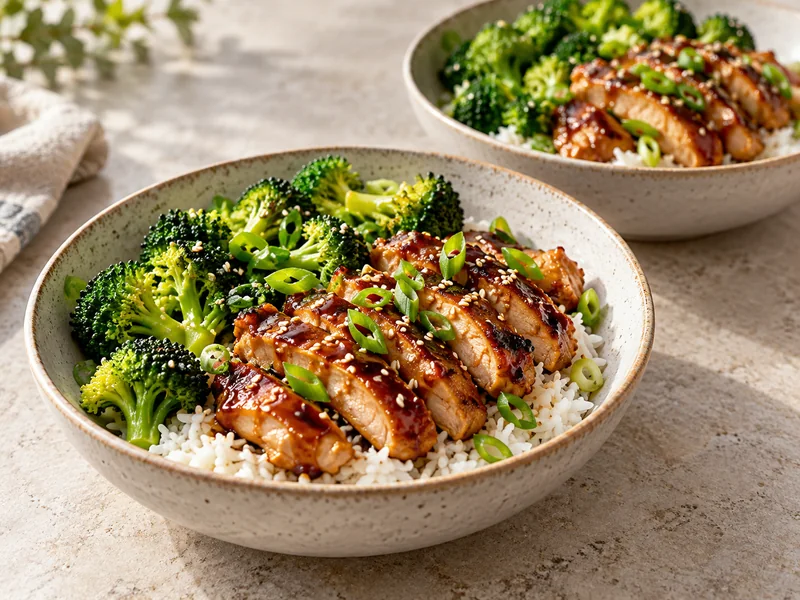 Two teriyaki chicken rice bowls with steamed broccoli, sesame seeds and green onions