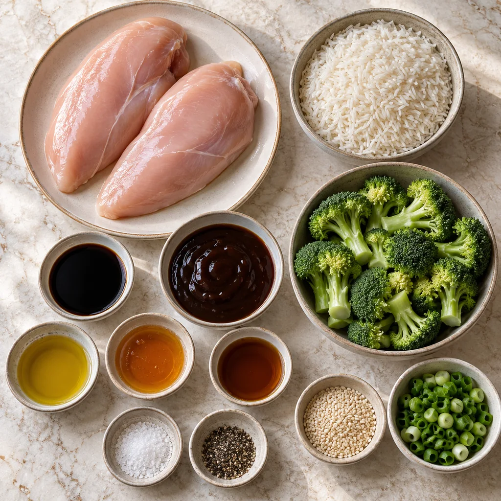 Raw chicken breasts, jasmine rice, broccoli, teriyaki sauce, seasonings and optional garnishes arranged separately