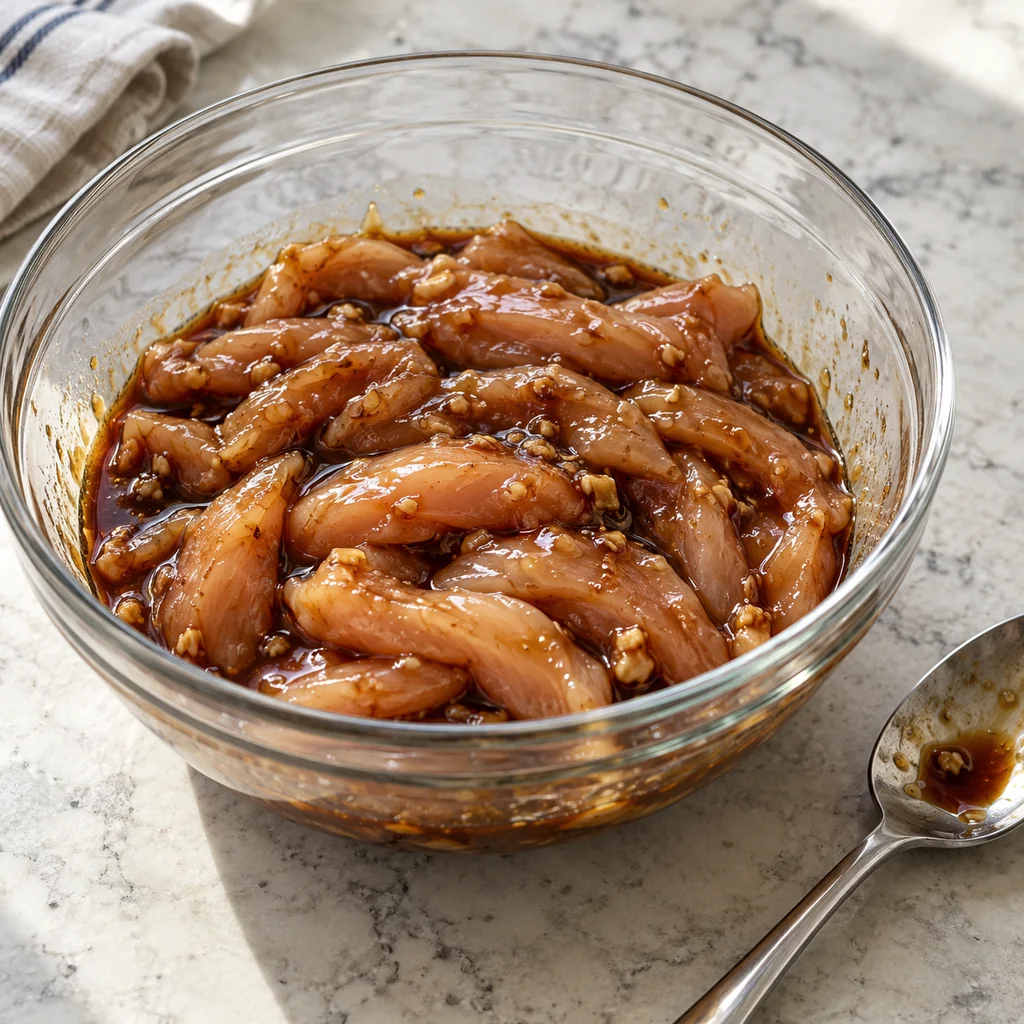 Raw chicken strips coated in teriyaki sauce in a glass bowl