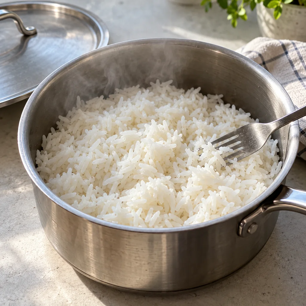 Fluffy cooked jasmine rice being loosened with a fork in a saucepan