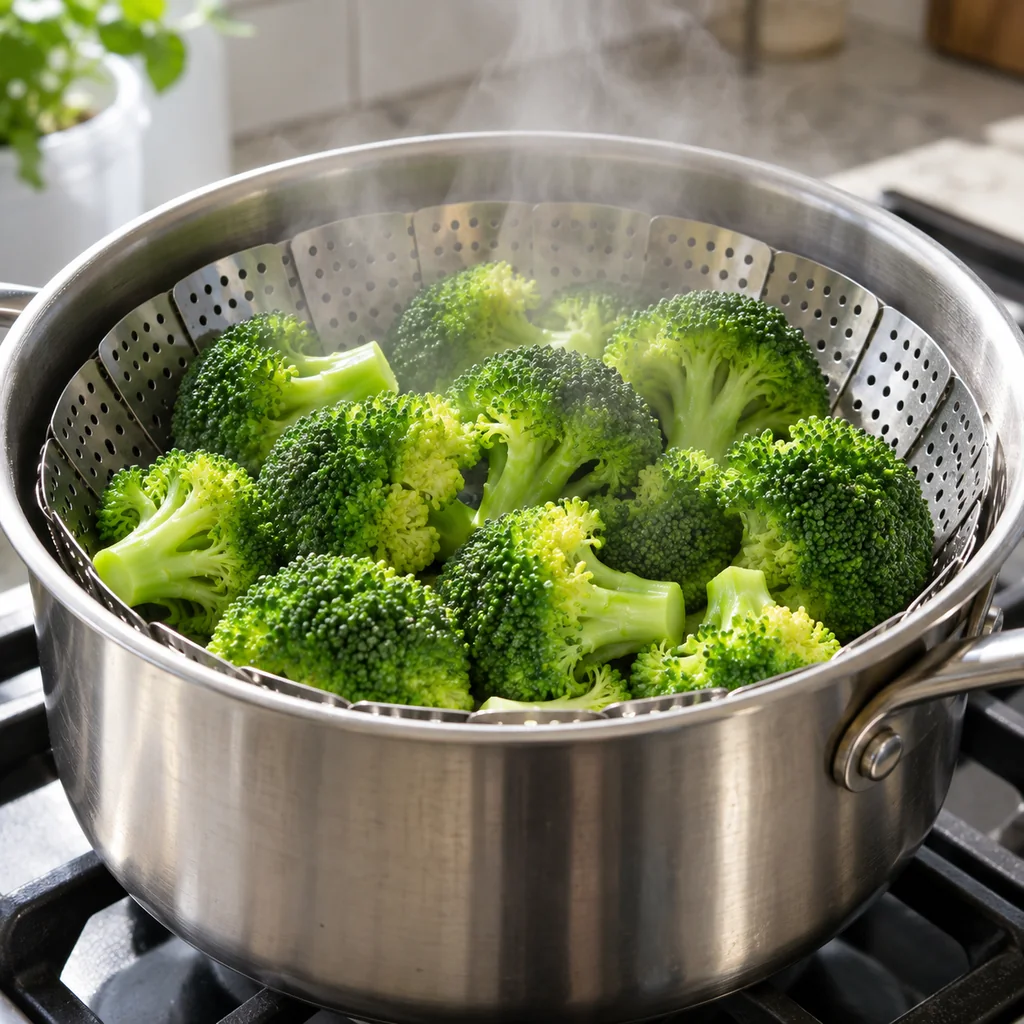 Bright broccoli florets steaming in a basket over a saucepan