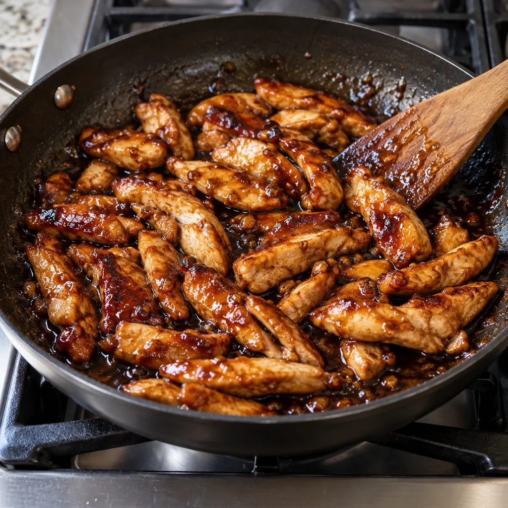 Teriyaki chicken strips cooking until golden and glossy in a skillet