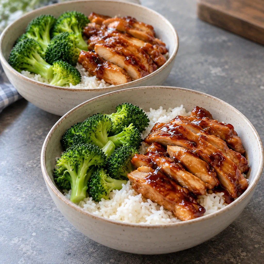 Two rice bowls being assembled with steamed broccoli and cooked teriyaki chicken before garnish