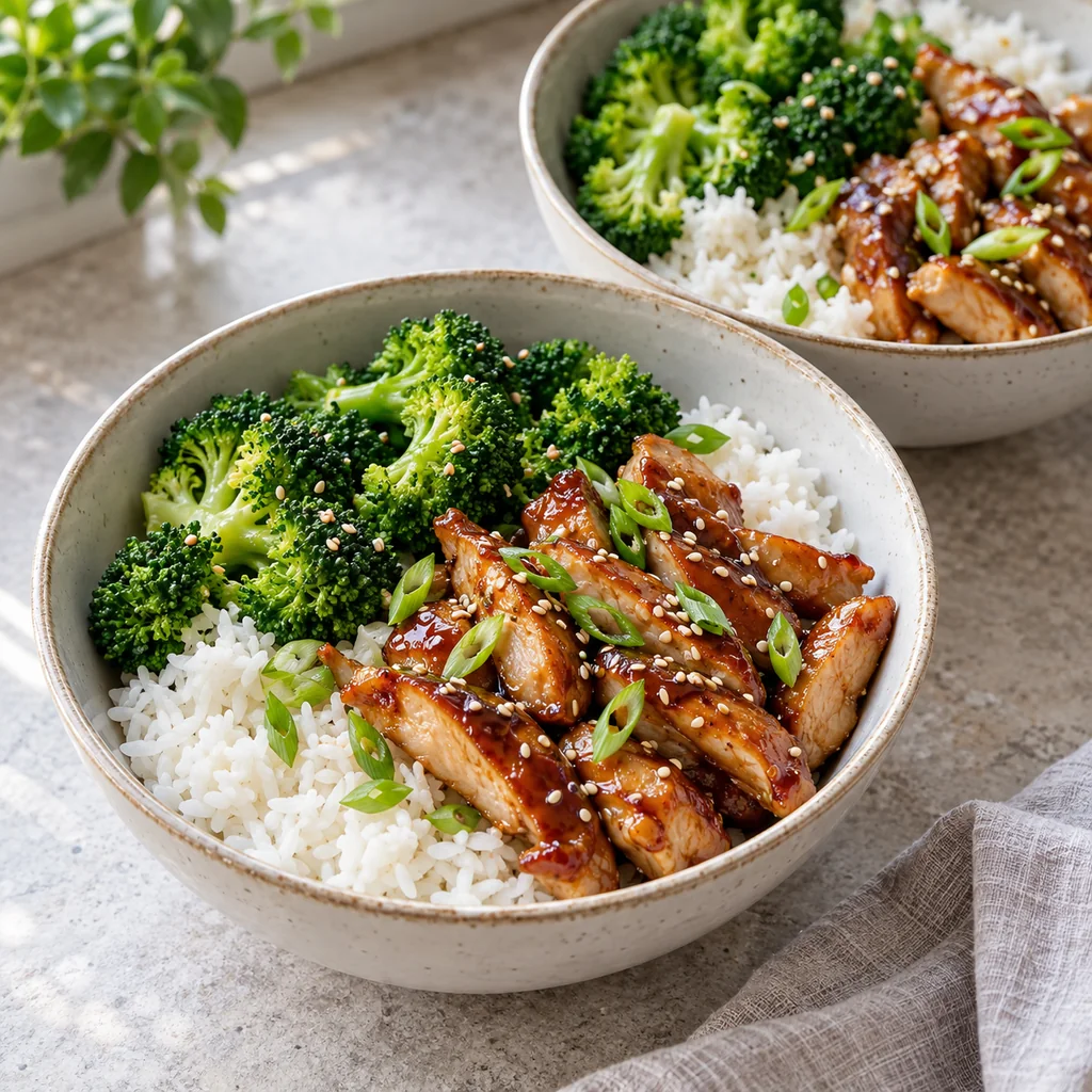 Finished teriyaki chicken rice bowls with broccoli, sesame seeds and sliced green onions