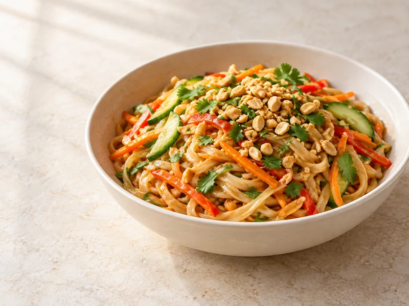 Finished peanut rice noodles with crunchy carrots, cucumber, red pepper, cilantro and peanuts