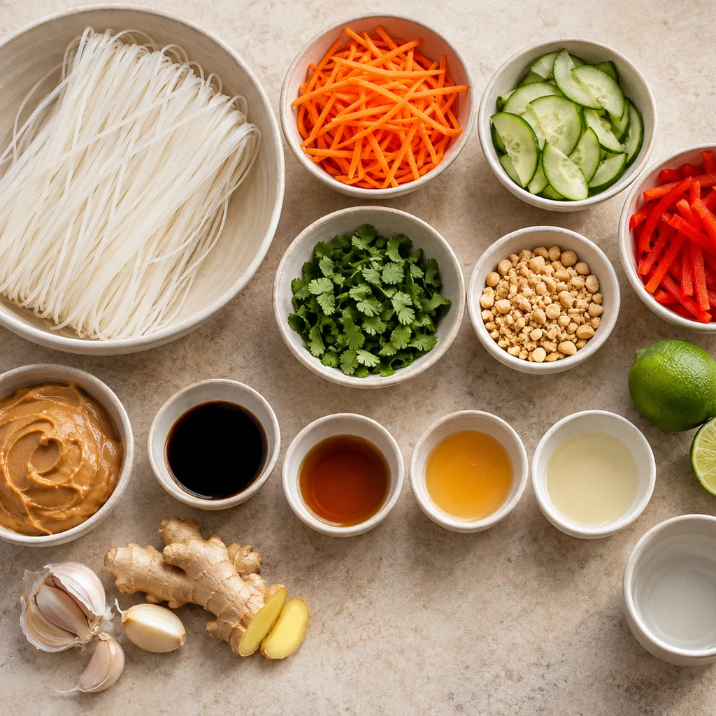 Rice noodles, peanut sauce ingredients, carrots, cucumber, bell pepper, cilantro and peanuts arranged for the recipe