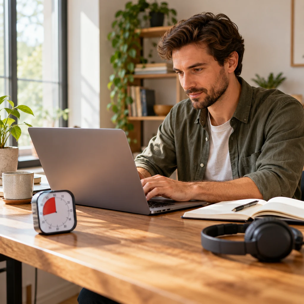 Man working attentively at a laptop beside an analog focus timer
