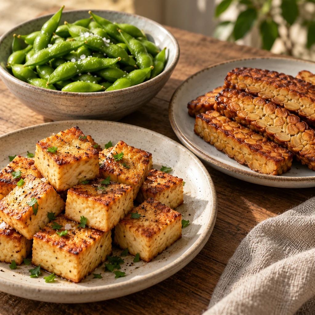 Pan-seared tofu, sliced tempeh, and steamed edamame