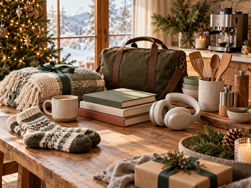 Holiday gift collection with mug, socks, books, headphones, travel bag and kitchen gifts