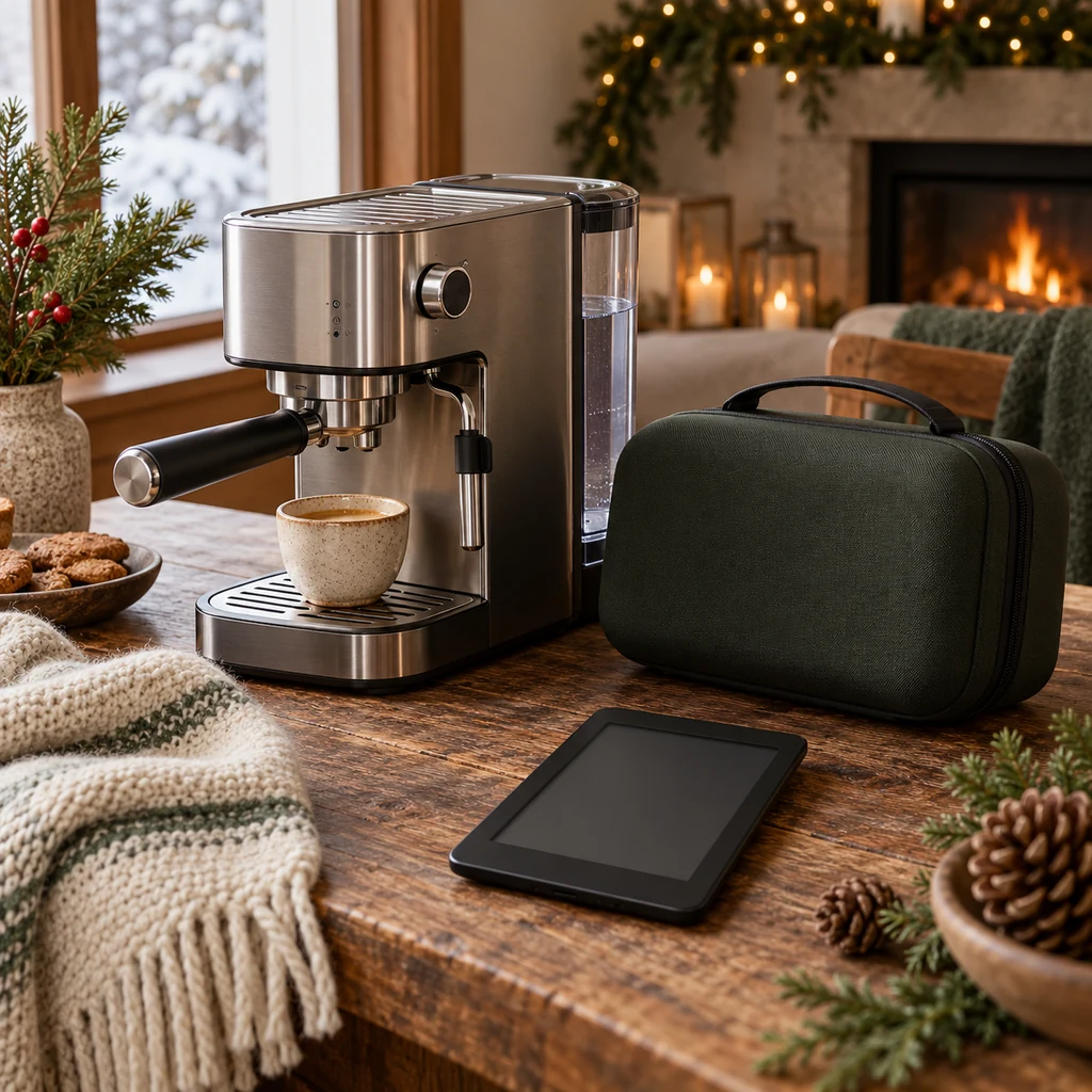 Premium holiday gifts including an espresso machine, travel case and e-reader