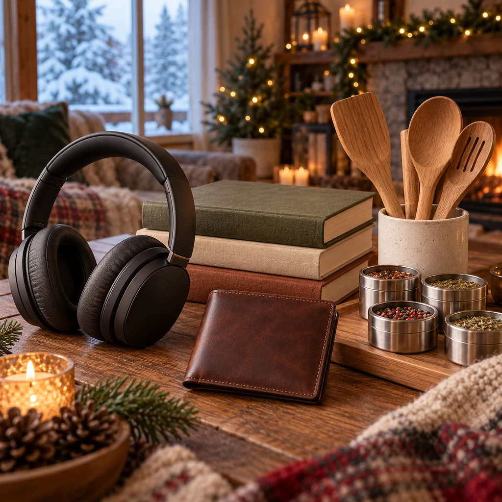 Holiday gifts including headphones, a leather wallet, a book set and a cooking kit