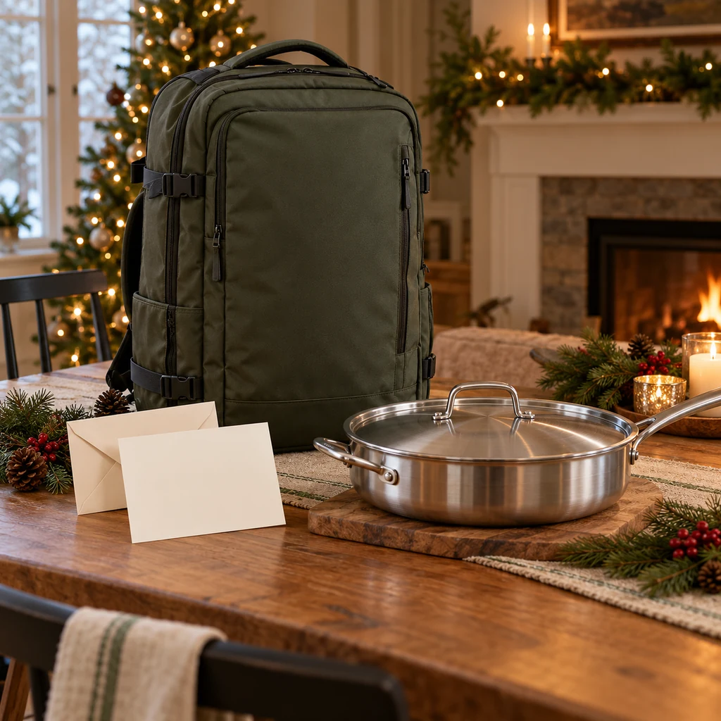 Gift presentation with a cooking class voucher, travel bag and quality cookware