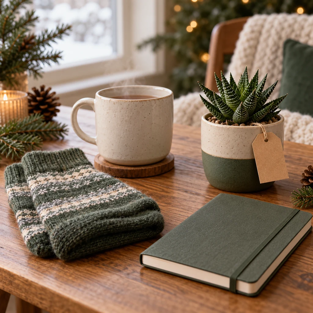 Small holiday gifts including a mug, warm socks, notebook and succulent plant