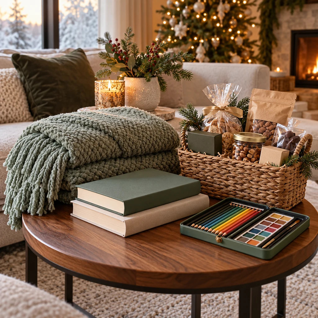 Midrange holiday gifts including a soft throw, book, art supplies and gourmet treats