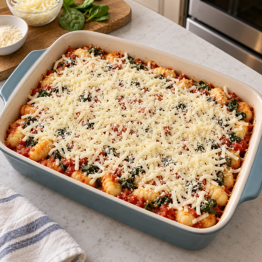 Gnocchi, spinach and marinara topped with mozzarella and Parmesan before baking