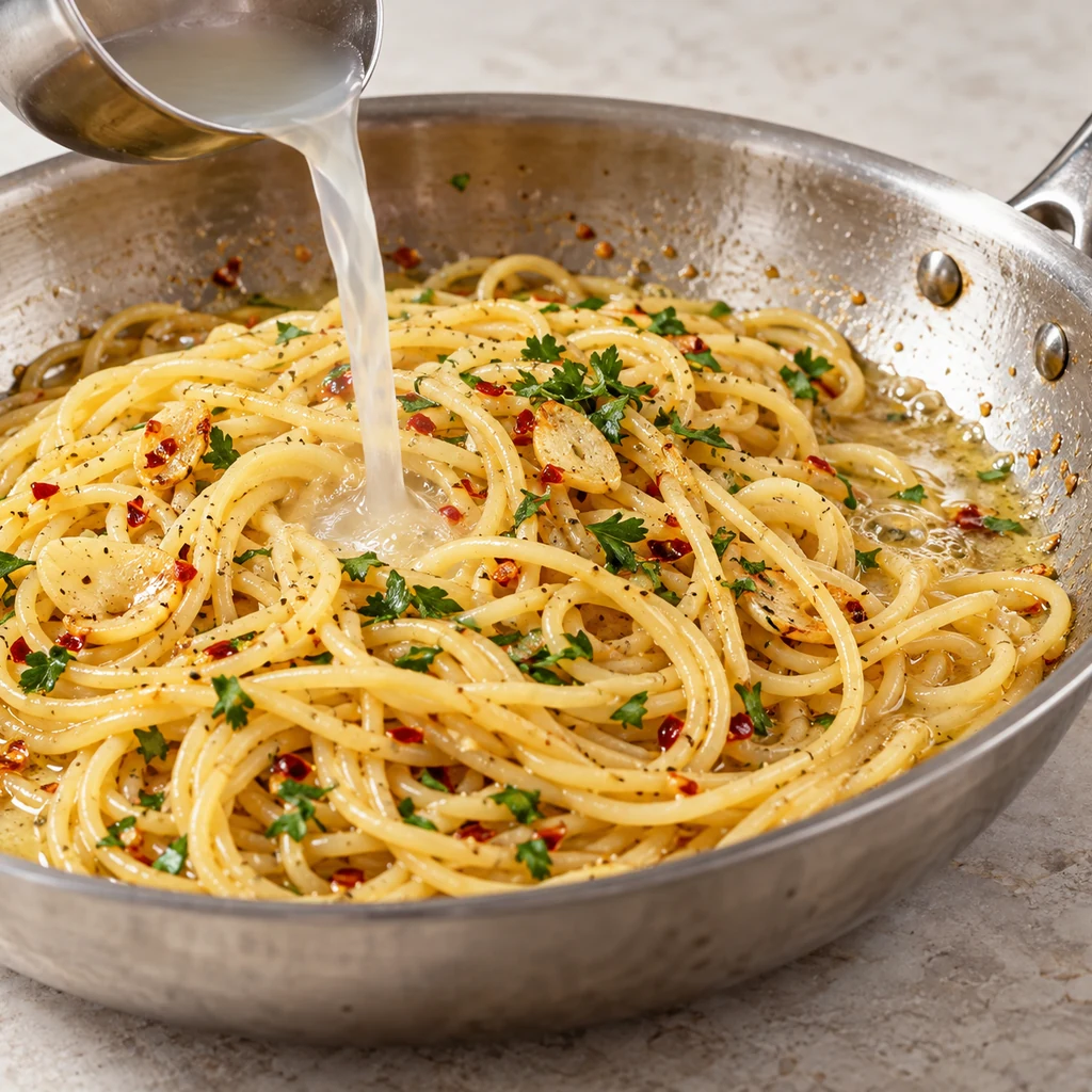 Cloudy reserved pasta water being poured into a skillet of spaghetti, garlic, chili and olive oil