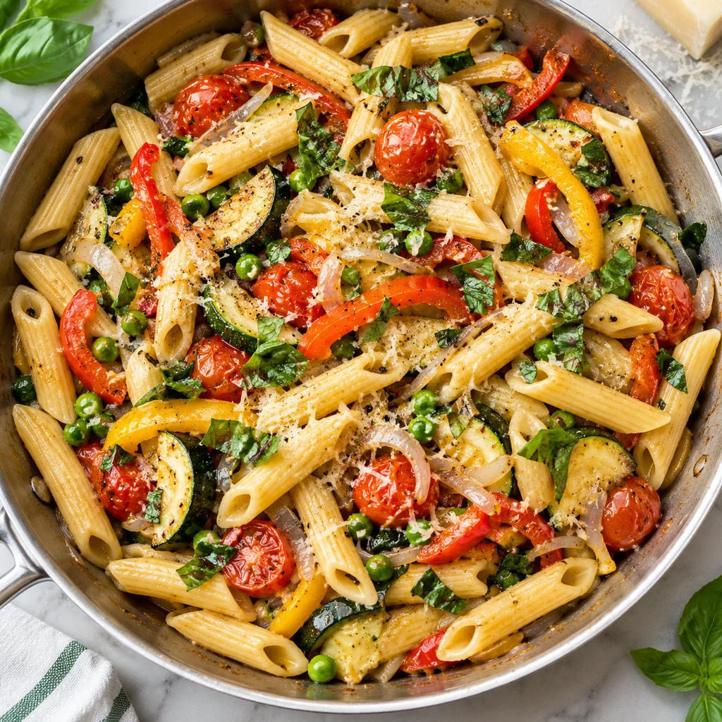 Penne tossed with peppers, zucchini, cherry tomatoes, peas, onion, basil and Parmesan