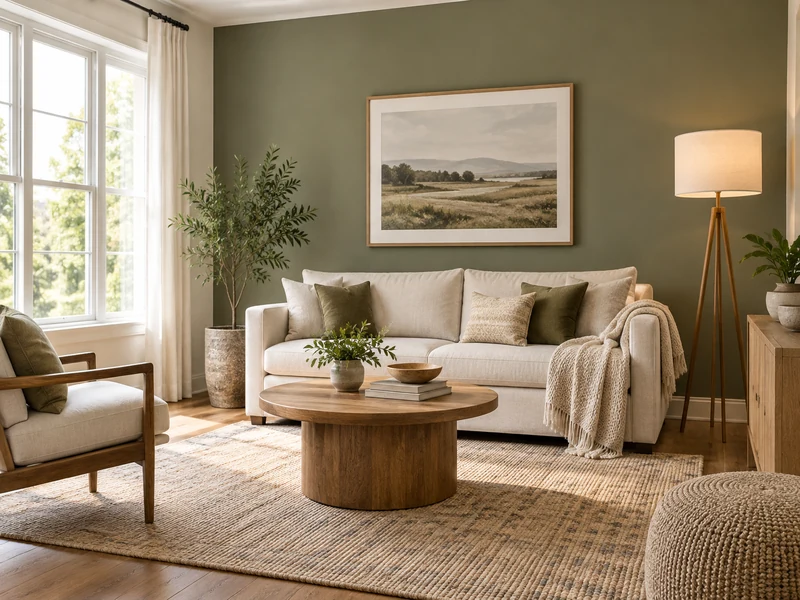 Refreshed living room with accent wall sofa lamp plant art and rug