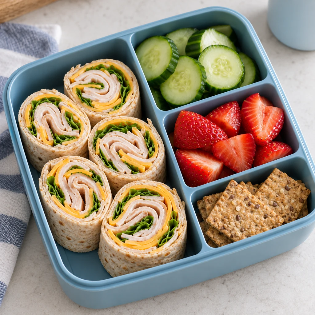 Turkey and cheese tortilla pinwheels with cucumber, strawberries and whole-grain crackers in a lunchbox