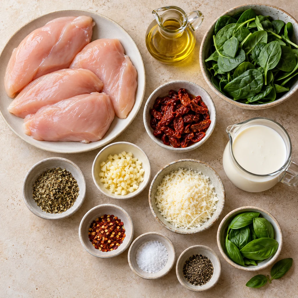 Chicken breasts, olive oil, garlic, sun-dried tomatoes, spinach, cream, Parmesan and seasonings