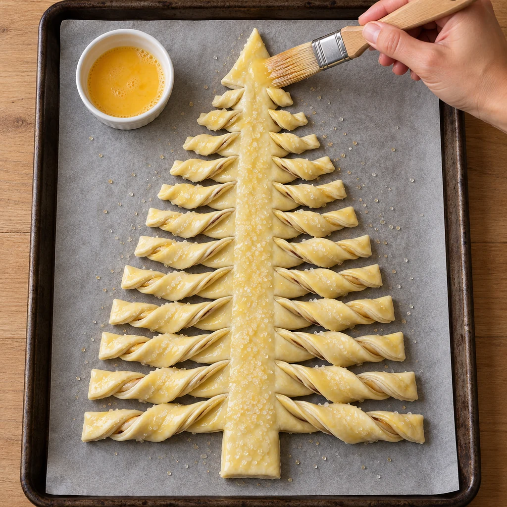 Raw puff pastry Christmas tree with twisted branches being brushed with egg wash