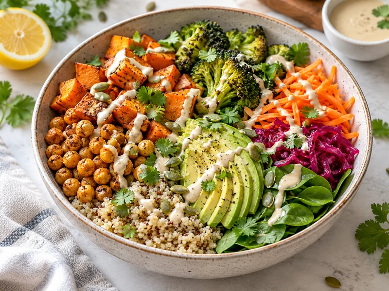 Ultimate vegan Buddha bowl with quinoa, roasted chickpeas, sweet potato, vegetables, avocado and tahini dressing
