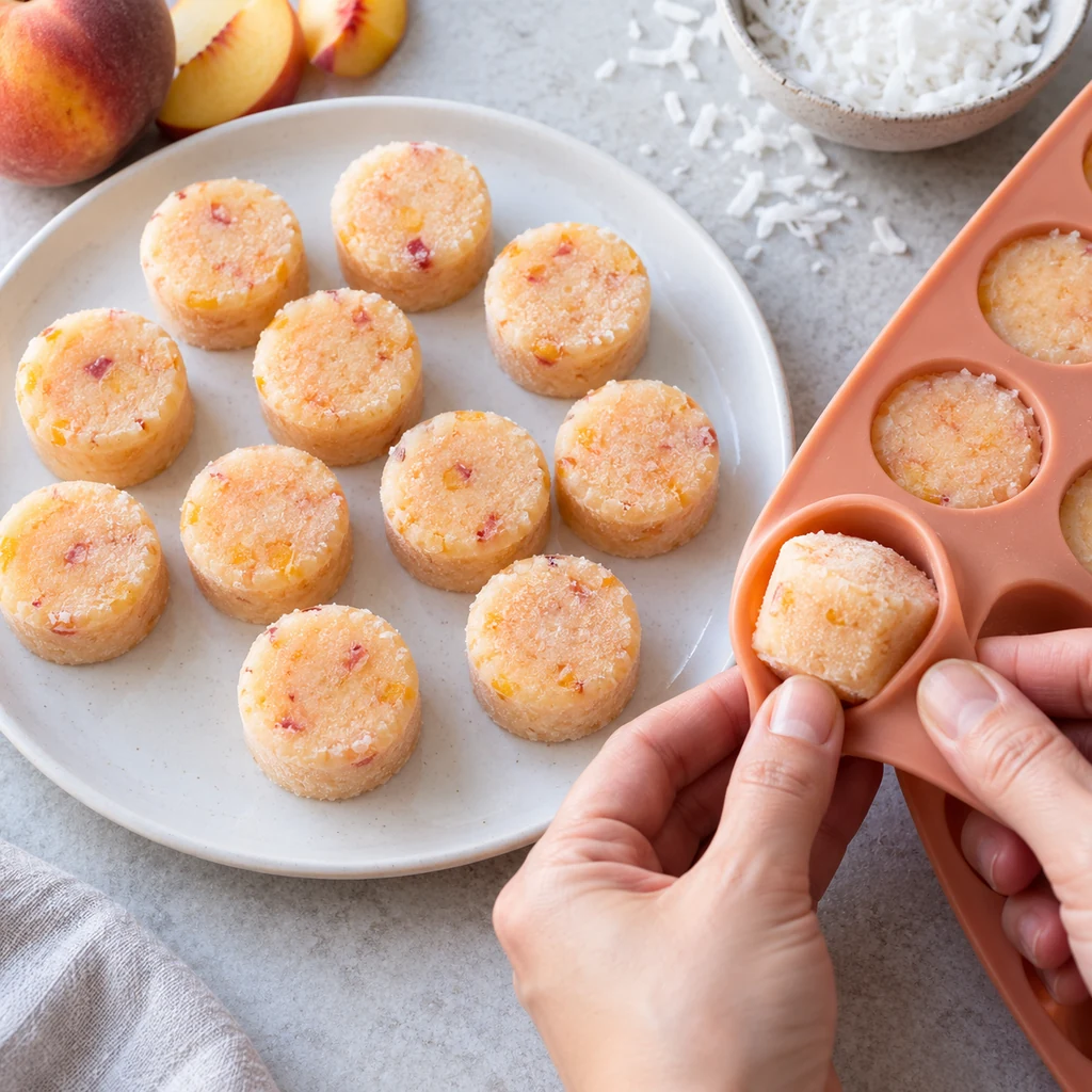 A frozen coconut peach bite being released from a flexible silicone mold onto a plate