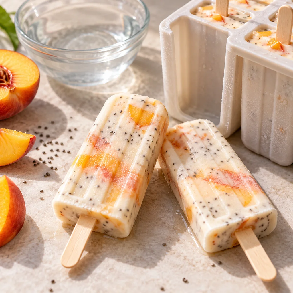 Finished peach coconut chia pops released beside a popsicle mold
