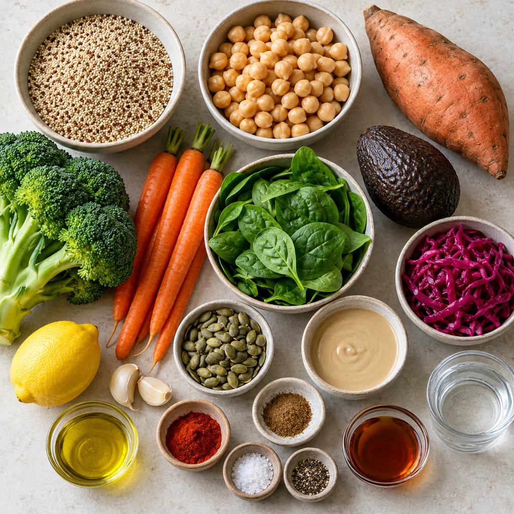 Quinoa, chickpeas, sweet potato, broccoli, carrots, spinach, avocado, red cabbage, pumpkin seeds, tahini, lemon, garlic, oil, spices and maple syrup
