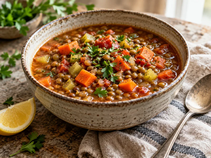 Bowl of vegan lentil soup with carrots, celery, tomatoes and parsley beside a lemon wedge