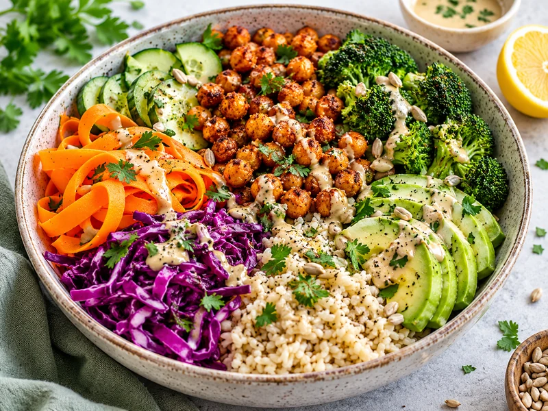 Fresh vegan nourish bowl with brown rice, roasted chickpeas, vegetables, avocado, seeds and tahini dressing