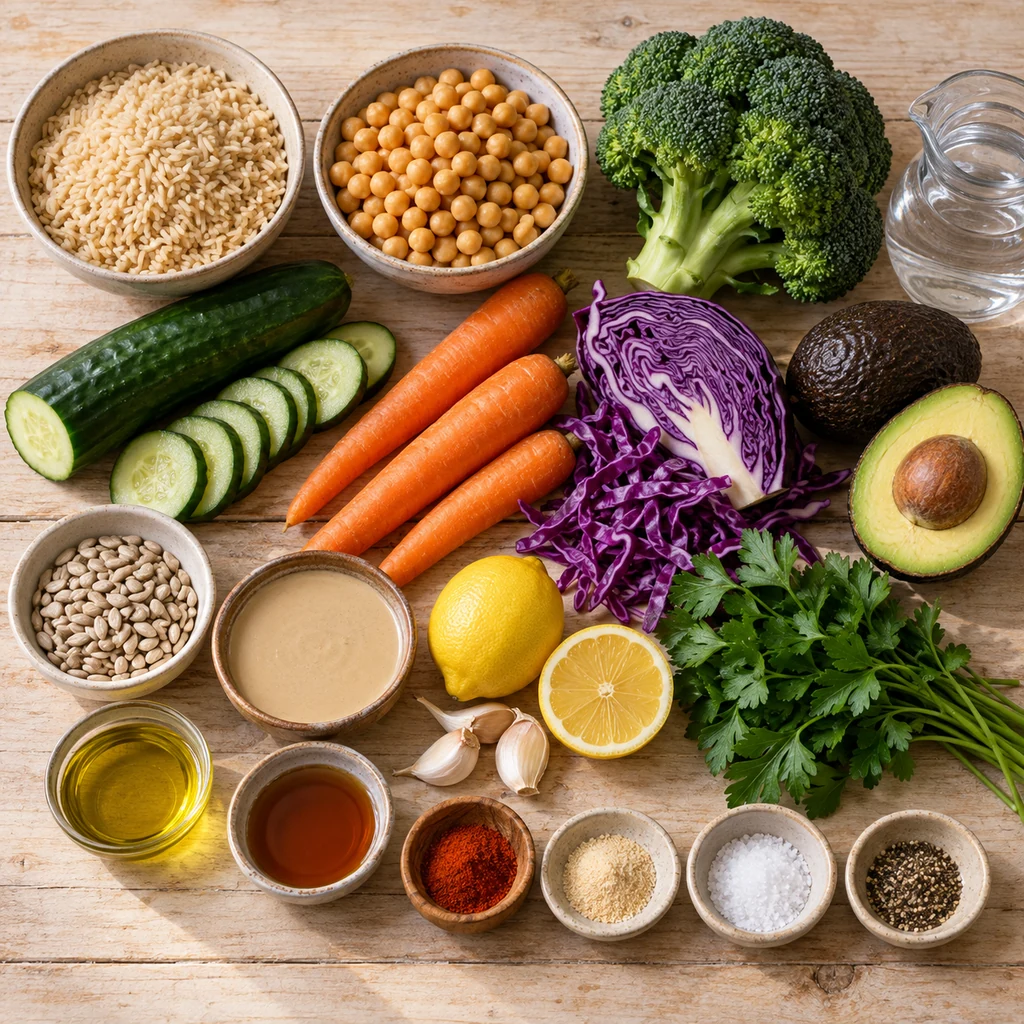 Brown rice, chickpeas, broccoli, cucumber, carrots, purple cabbage, avocado, parsley, sunflower seeds, tahini, lemon, garlic, maple syrup, oil and spices