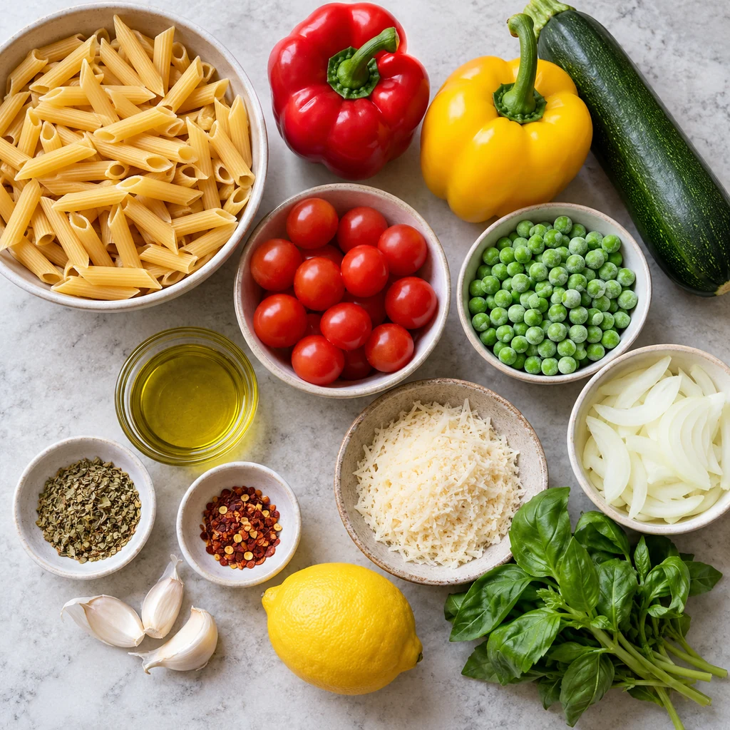Penne, bell peppers, zucchini, tomatoes, peas, onion, garlic, olive oil, herbs, Parmesan, basil and lemon