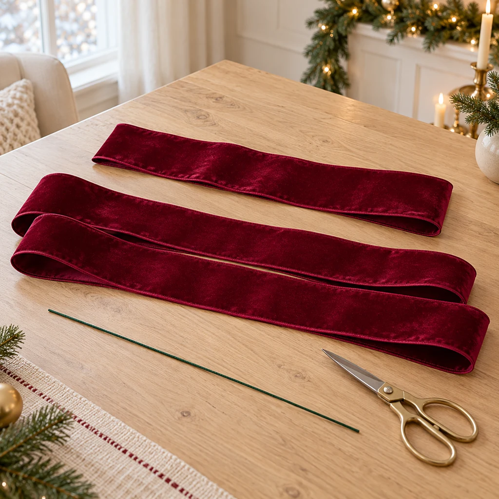 Two lengths of burgundy wired velvet ribbon, floral wire and scissors on a wood table