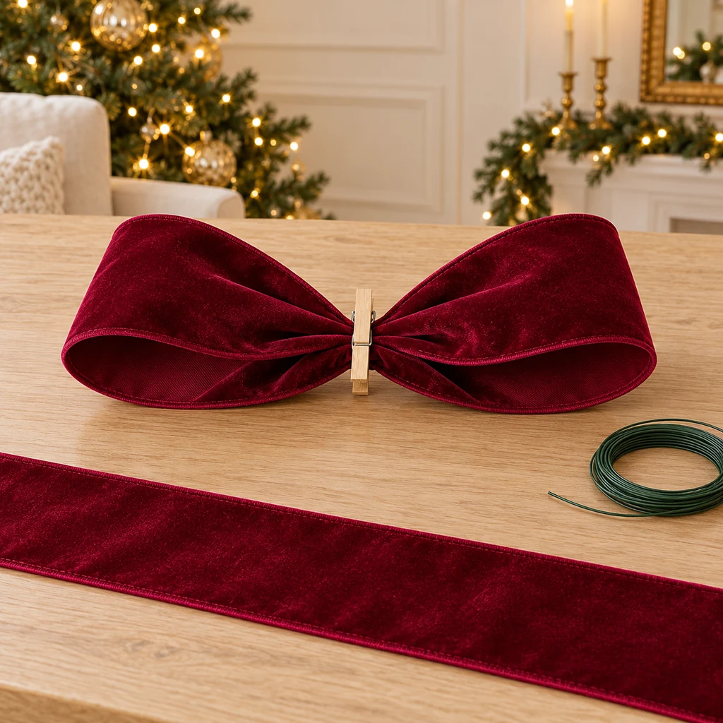 Two equal open velvet bow loops held temporarily at the center by a clothespin