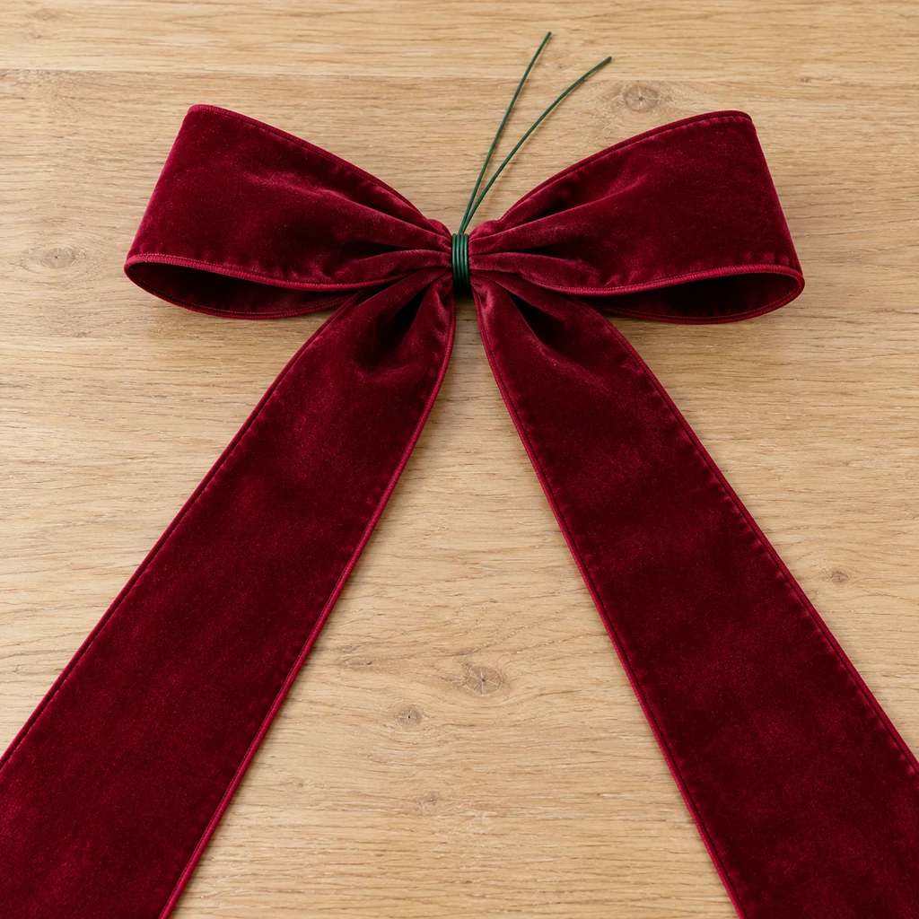 Two velvet loops and two long tails secured at their shared center with green floral wire