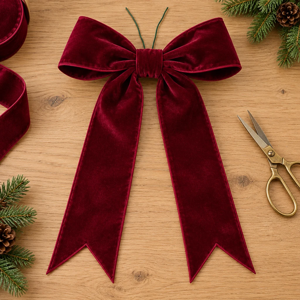 Burgundy velvet bow on a table with a covered center and two V-notched tails