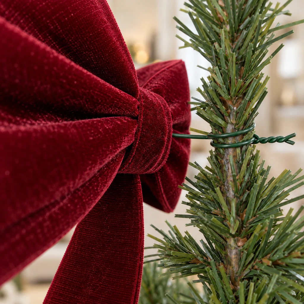 Side view of green floral wire from a velvet bow wrapped around a Christmas tree stem