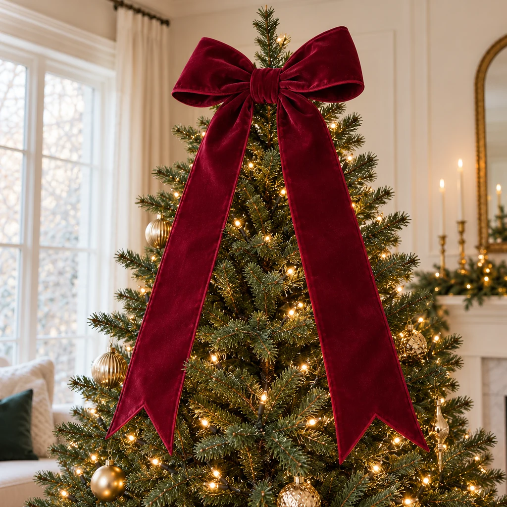 Finished two-loop burgundy velvet bow with two long tails on a Christmas tree
