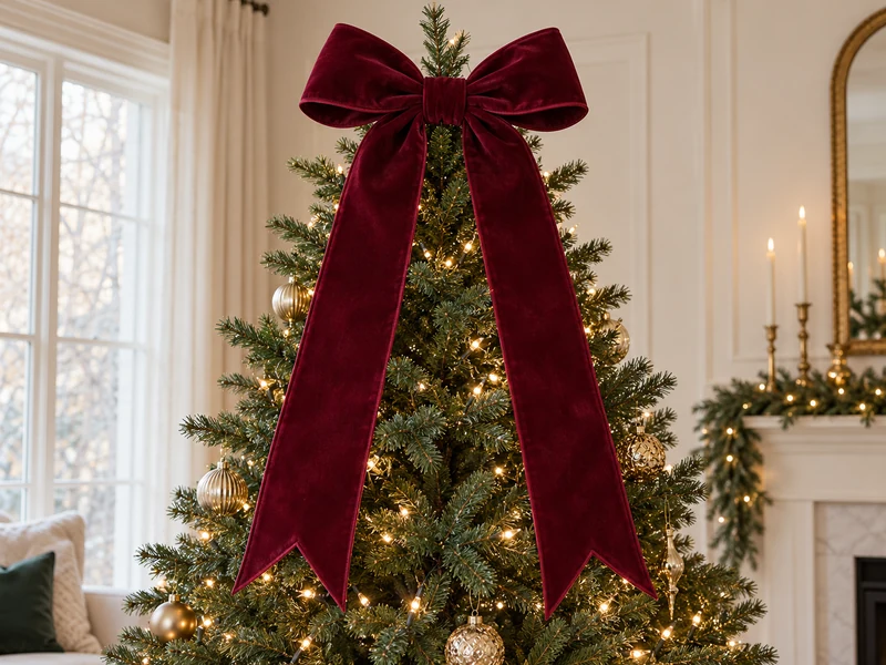 Finished burgundy velvet bow topper with two loops and two long tails on a Christmas tree.
