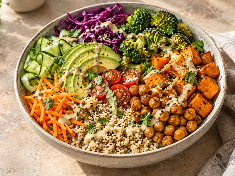 Vibrant veggie Buddha bowl with quinoa, roasted sweet potato, chickpeas, broccoli, avocado and tahini