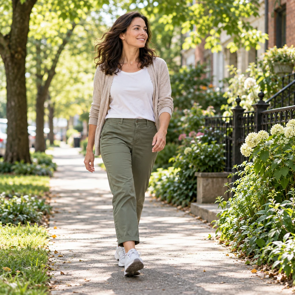 Adult taking a comfortable walk on a leafy neighborhood path