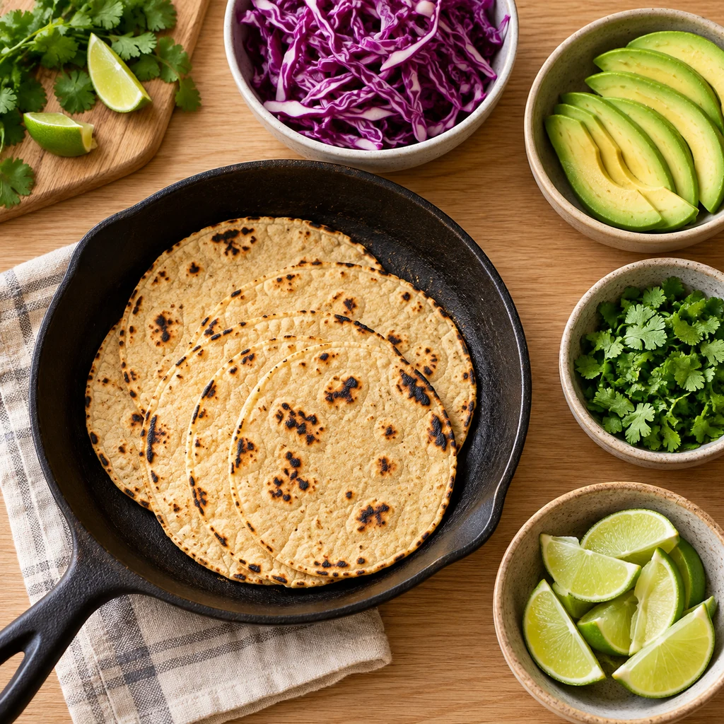 Corn tortillas warming in a skillet with cabbage, avocado, cilantro and lime nearby