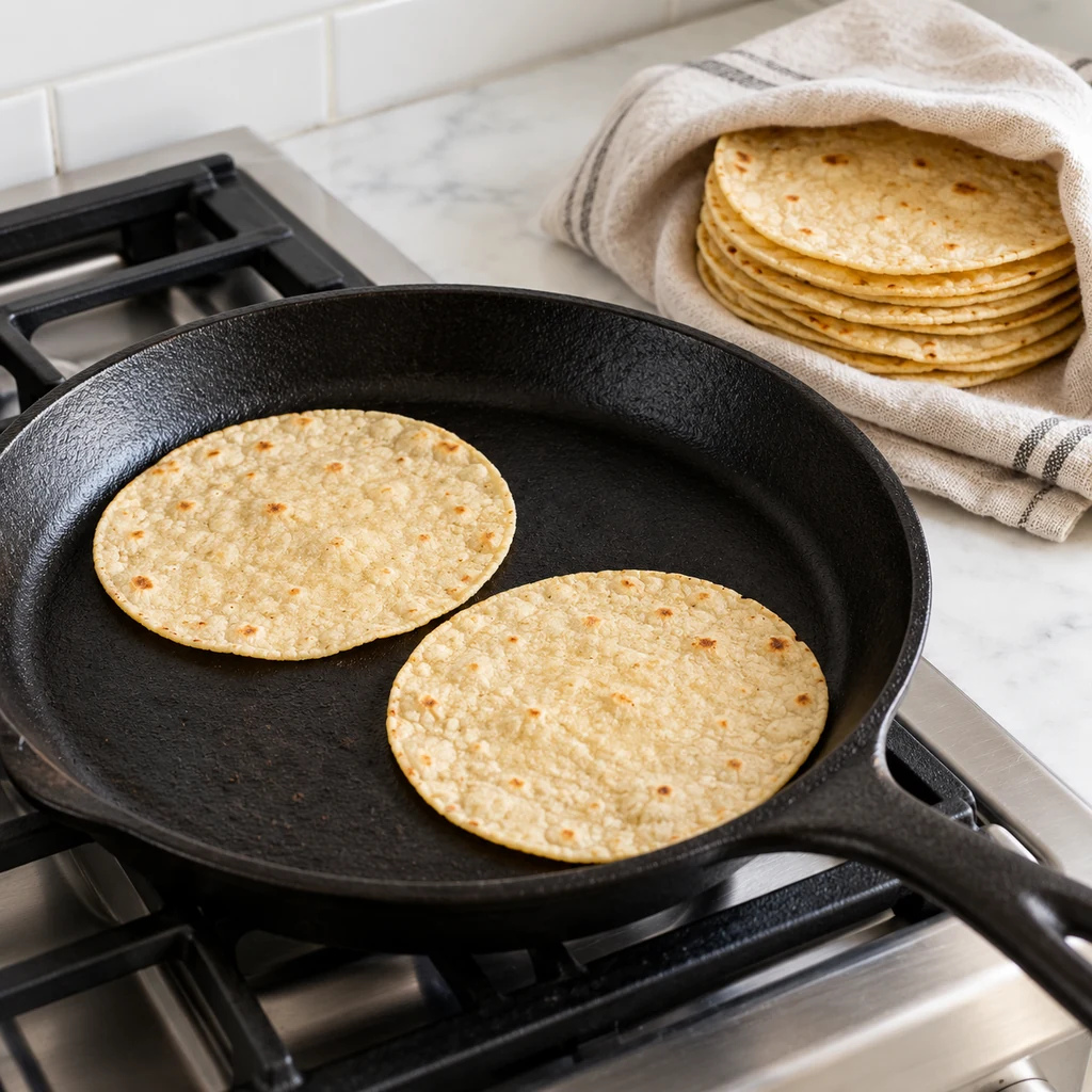 Small corn tortillas warming in a dry cast-iron skillet beside a linen-wrapped stack