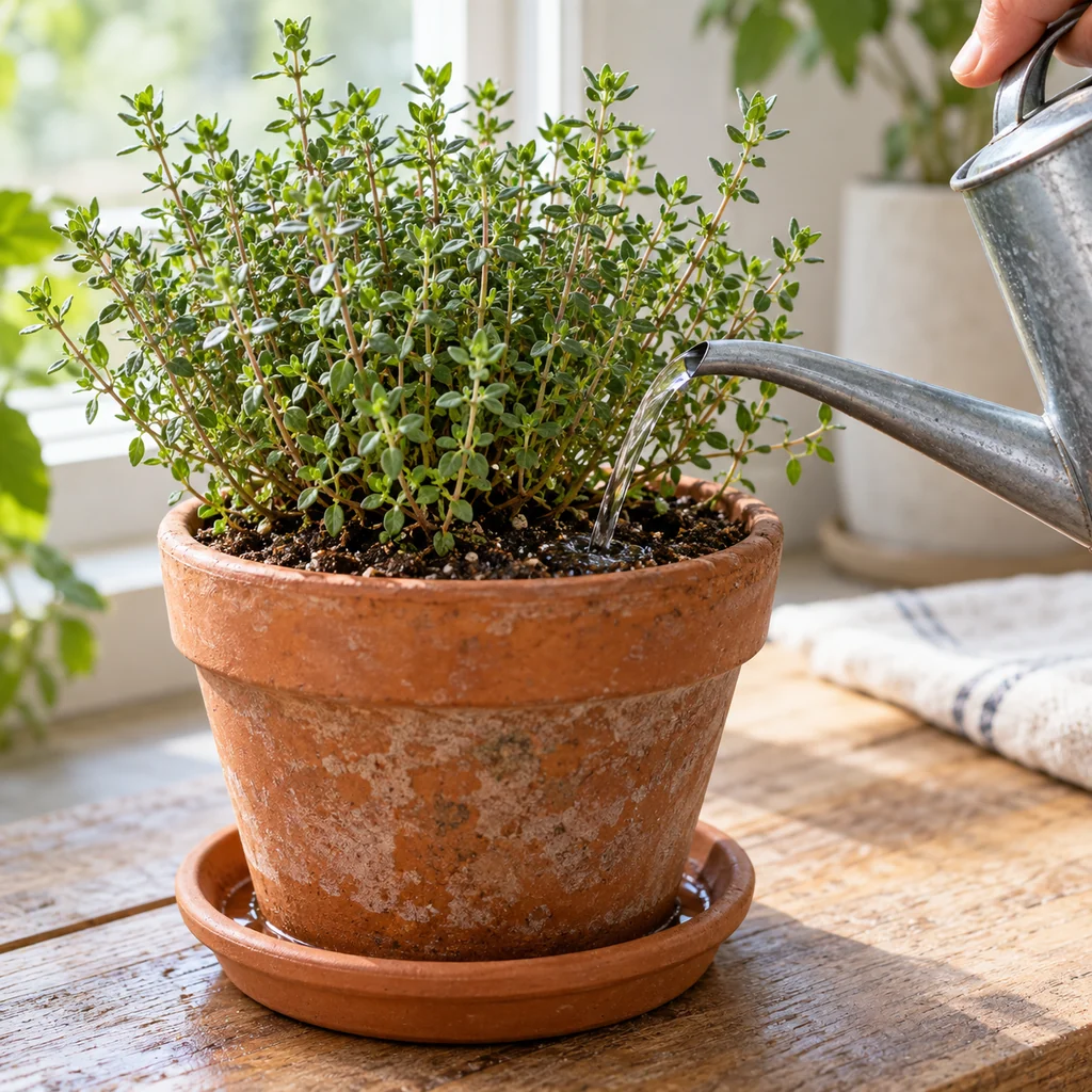 Thyme in a terracotta pot being watered slowly at soil level