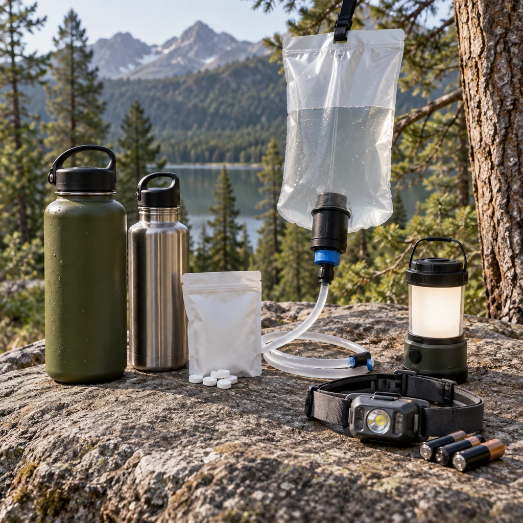 Water containers, gravity filter, headlamp, lantern, and spare batteries