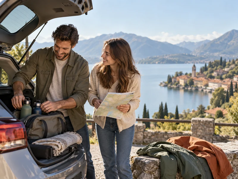 Travelers packing a compact car for a weekend near a lakeside town